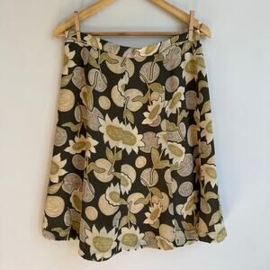 Vintage 90's Retro Knee Length Skirt Brown Green Beige Sunflower Floral Size 12